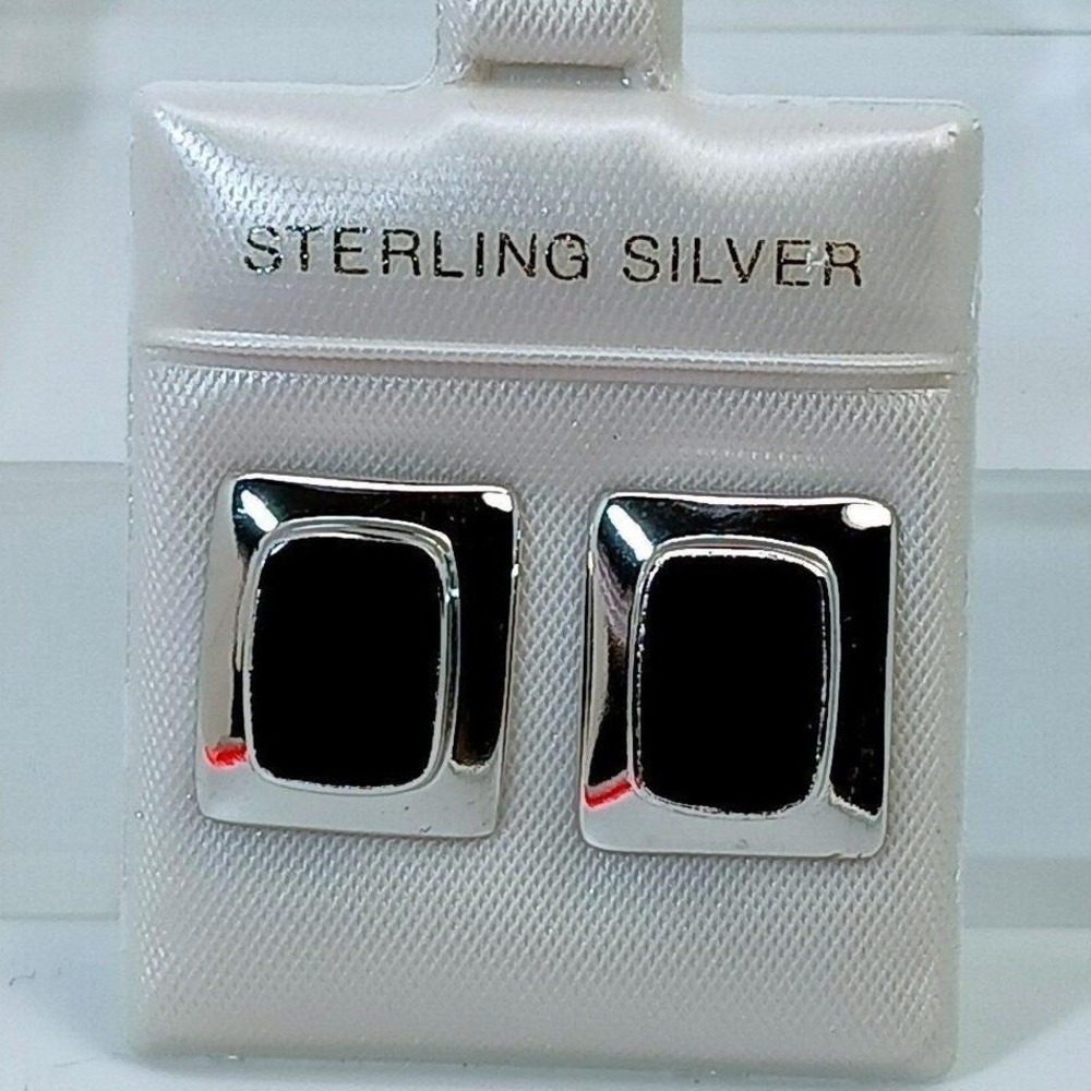 Vintage 90s - Sterling Silver Black Onyx Rectangle Stud‎ Earrings 925 New BOMA